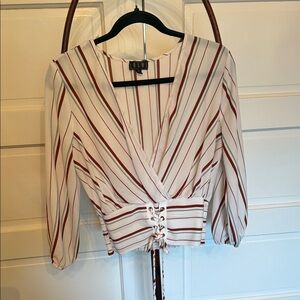 Striped Lace-Up Front Boho Top Elastic Back Balloon Sleeves M